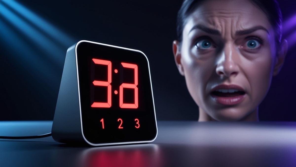 Shocked woman staring at a glowing digital countdown timer displaying a cryptic "3:3" – symbolizing the urgent race against time for a rare product reservation.