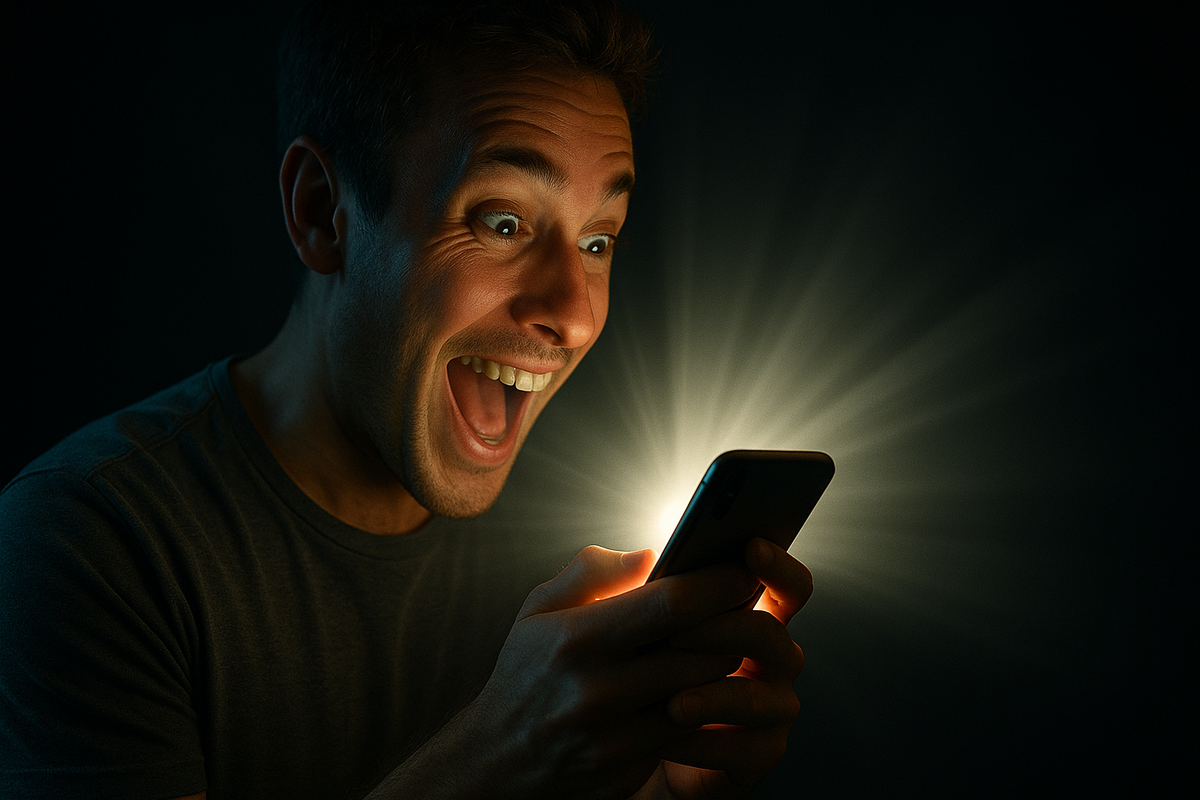 Overjoyed man screaming with excitement while staring at his smartphone, glowing light radiating from the screen – the exact moment of discovering he won.