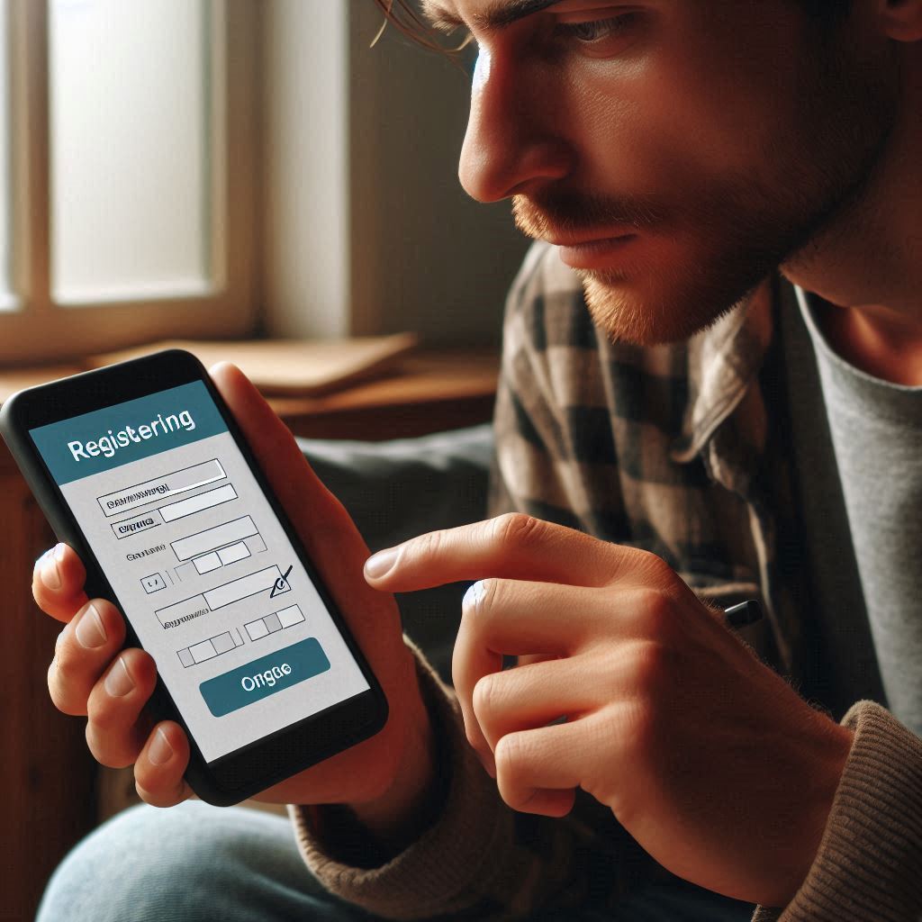 Focused young man carefully registering on his smartphone, eyes locked on the screen with intense concentration – capturing the crucial moment of entering a lottery.