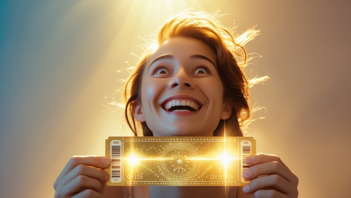Overjoyed woman holding a glowing golden ticket, eyes wide in disbelief and excitement — the perfect moment of winning a big lottery or exclusive draw.