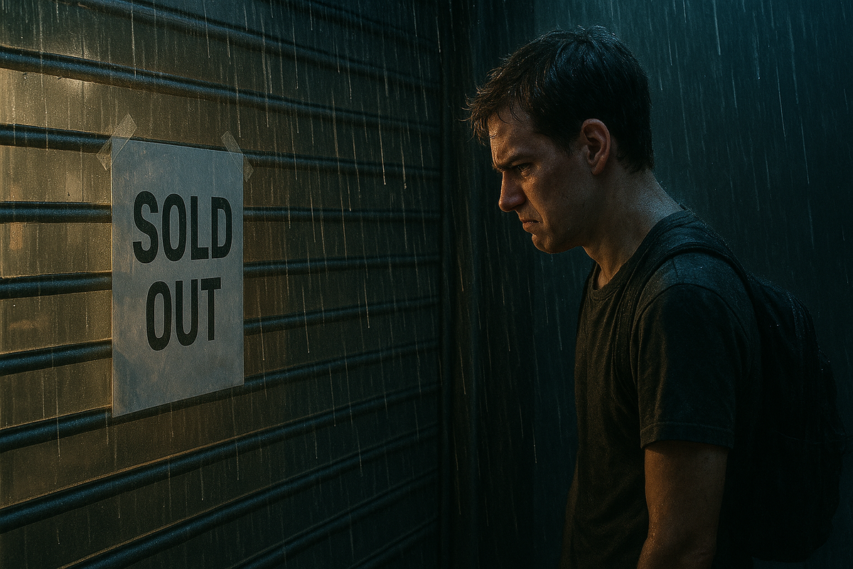 Frustrated gamer staring at a 'Sold Out' sign in the rain, devastated after missing Switch2 again.