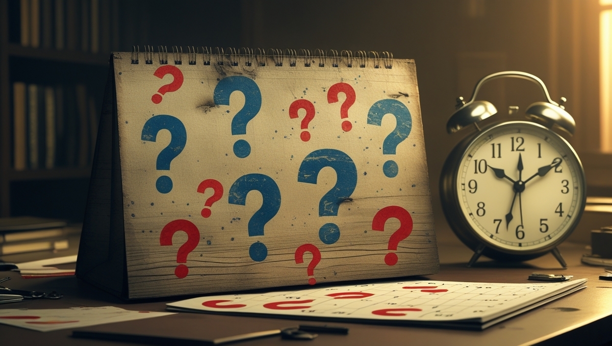 A mysterious calendar covered in red and blue question marks, leaving gamers anxious about the next console restock date.