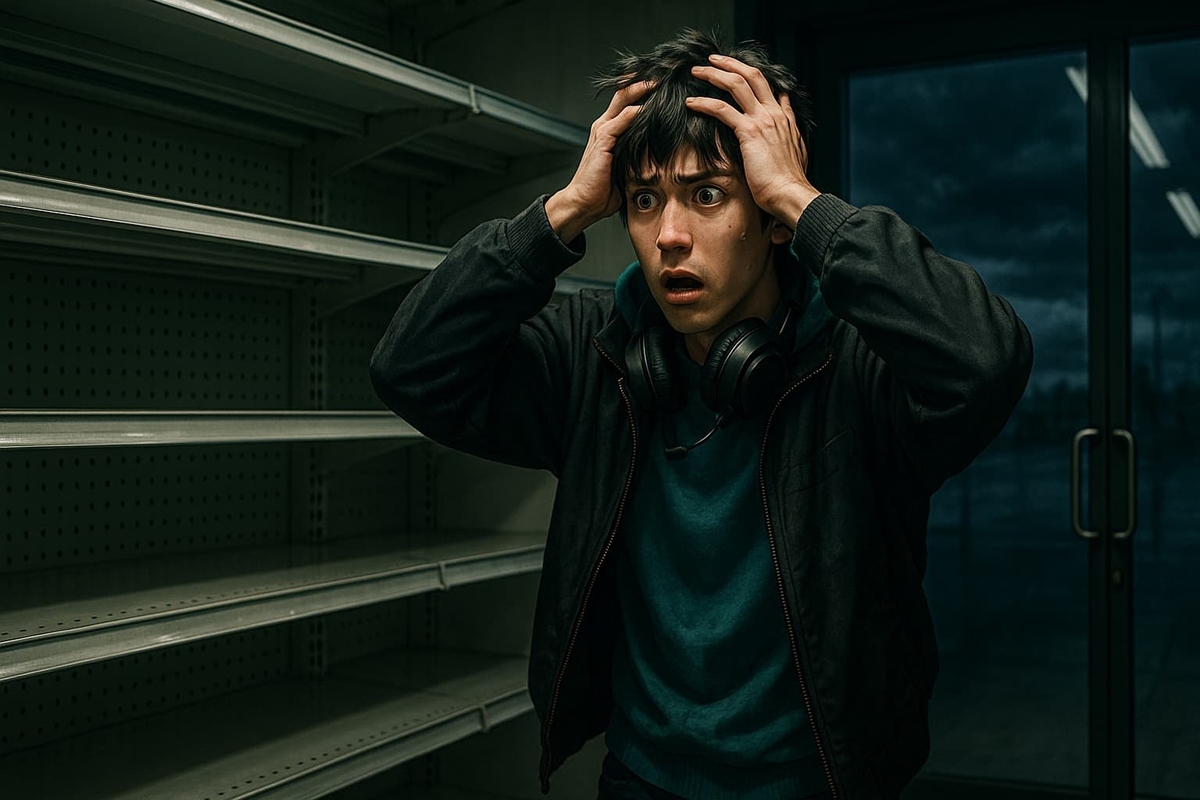 A shocked young man clutching his head in disbelief in front of empty store shelves, wearing headphones around his neck. The cold lighting and stormy sky outside