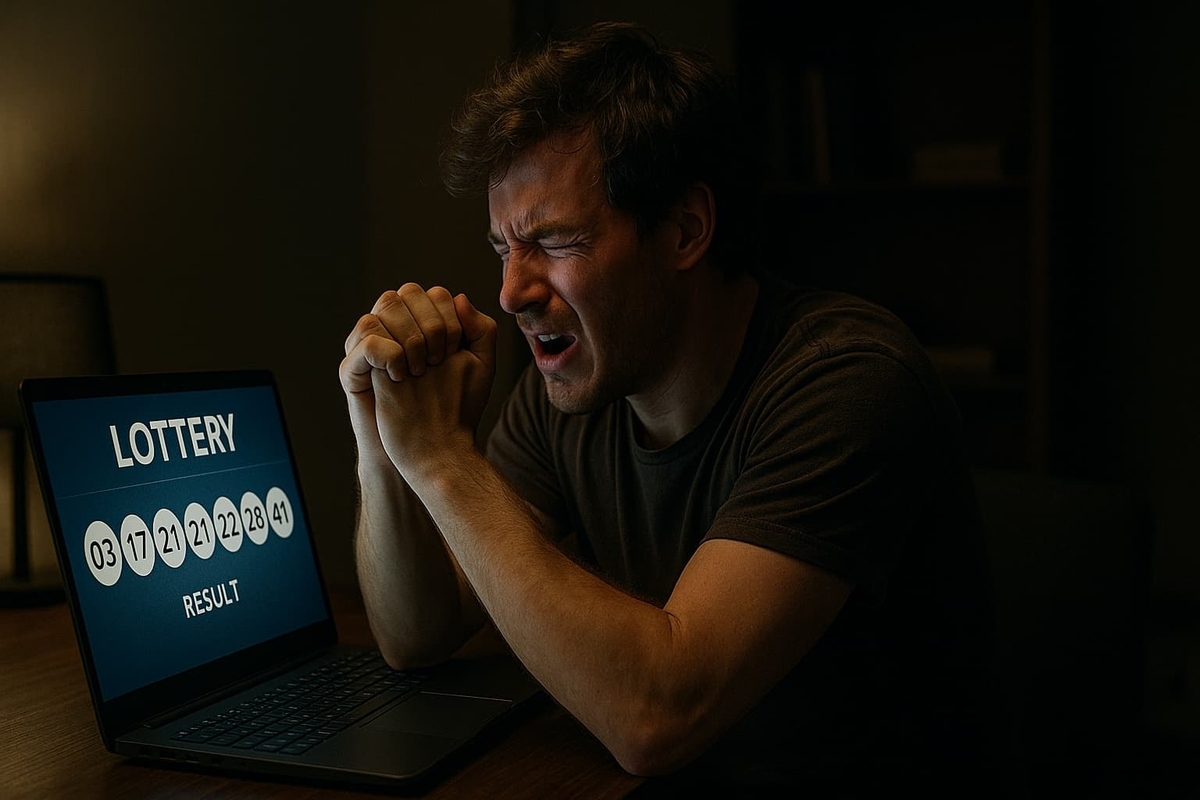 A man sits in the dark with his hands clasped in front of a laptop showing lottery results. His face is tense, eyes shut tight in desperate hope, capturing the anxiety and emotion of waiting for a winning draw.