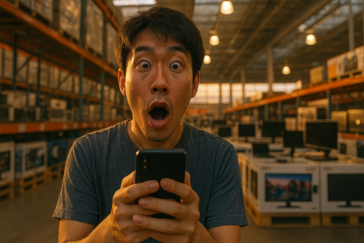 Shocked Japanese man discovers breaking news on his smartphone inside a large electronics warehouse, eyes wide with disbelief and excitement.