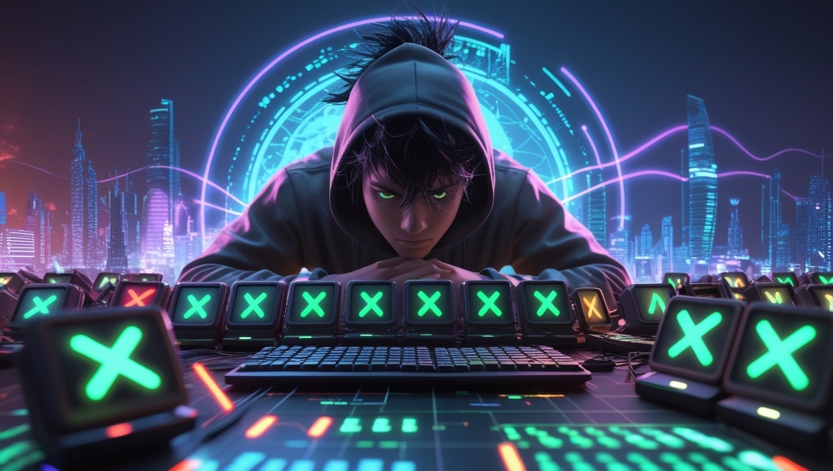 A mysterious digital strategist stares intensely into the screen, surrounded by glowing X marks and futuristic data displays, locked in a battle of wits and algorithms.