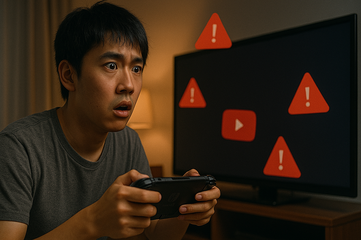 Shocked gamer staring at TV screen full of warning icons, confused and frustrated as YouTube fails to load