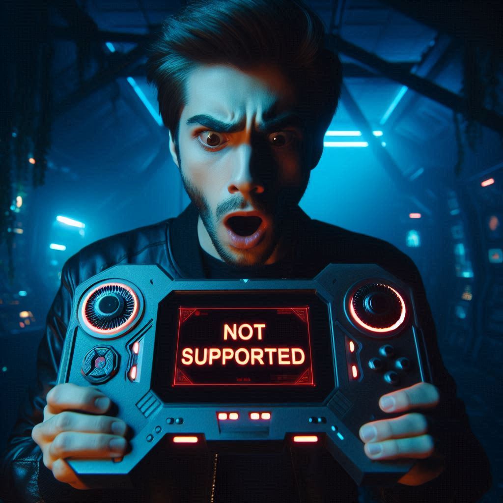 Shocked gamer holding a futuristic controller showing "NOT SUPPORTED" in bold red letters, filled with disbelief and confusion