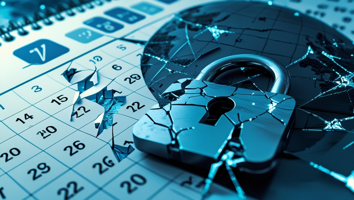A shattered padlock over a torn calendar, symbolizing broken system time and global access errors — digital chaos unleashed