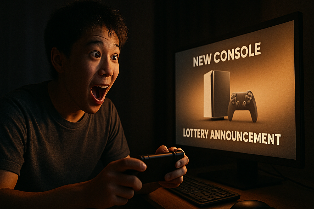 A young gamer reacts with explosive excitement after reading a new console lottery announcement on his monitor.