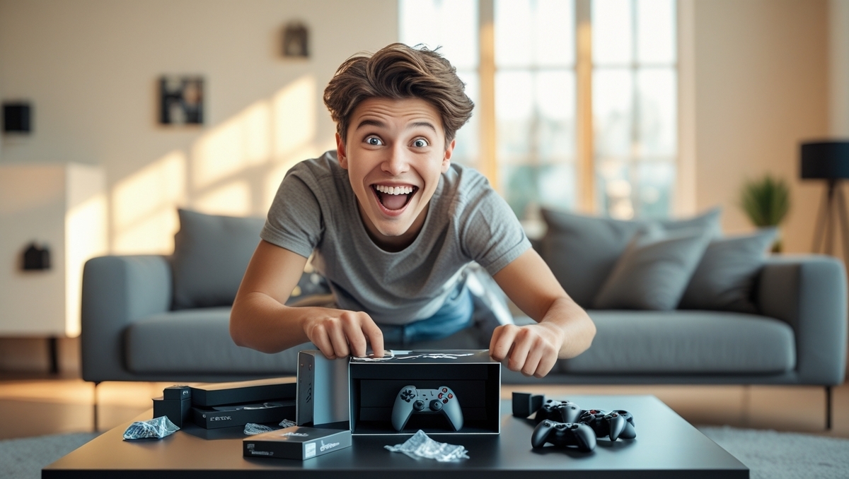 Overjoyed gamer unboxing a brand new console with pure excitement – the thrill of winning the lottery moment!