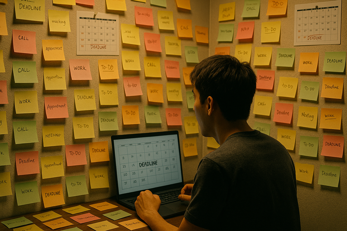 Overwhelmed man surrounded by deadline sticky notes while frantically applying for a lottery on his laptop — racing against time