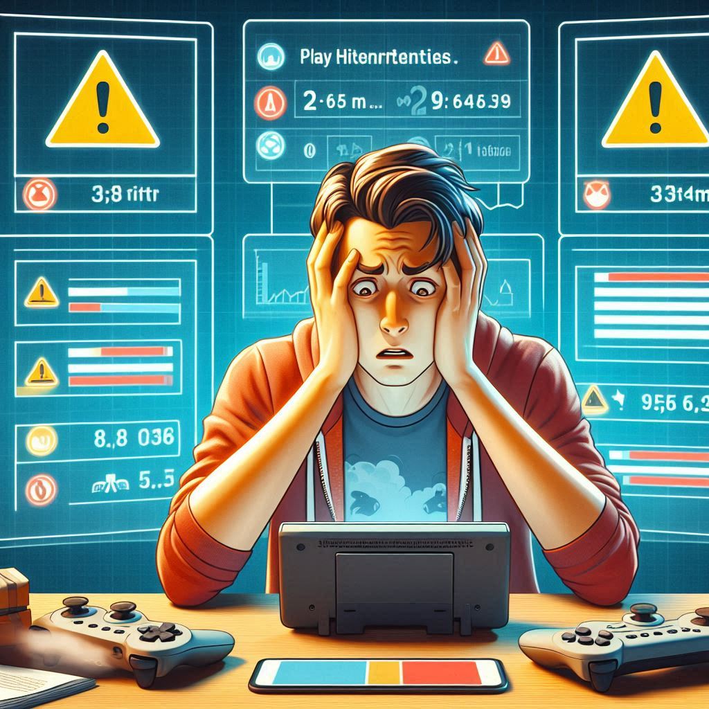 Shocked gamer holding his head in frustration while facing multiple warning screens on a gaming device — fearing he missed the Switch2 lottery
