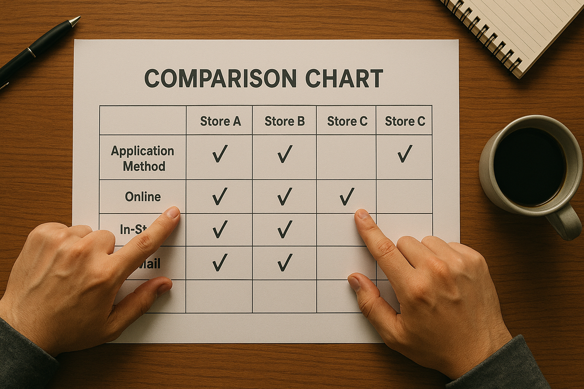 Hands pointing at a detailed comparison chart of stores and application methods, reflecting a moment of decision and analysis.