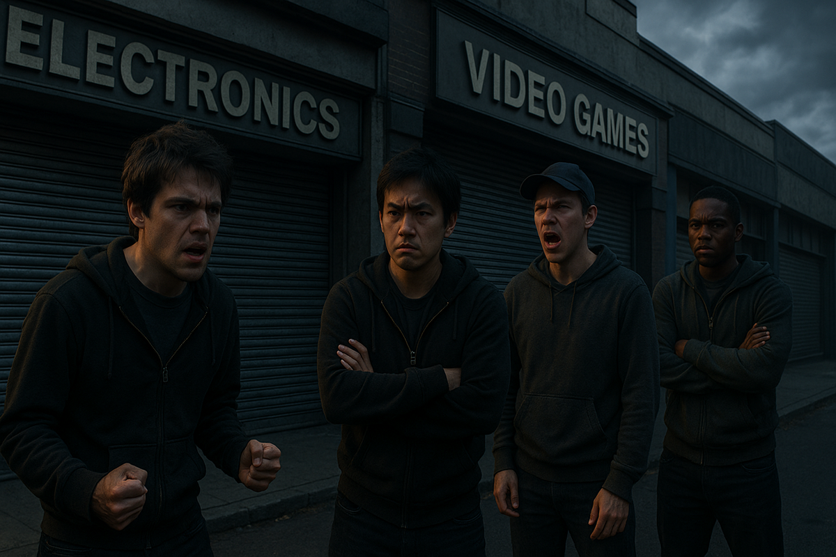 Furious and confused gamers standing in front of a closed electronics store after failing to buy the new console on launch day.