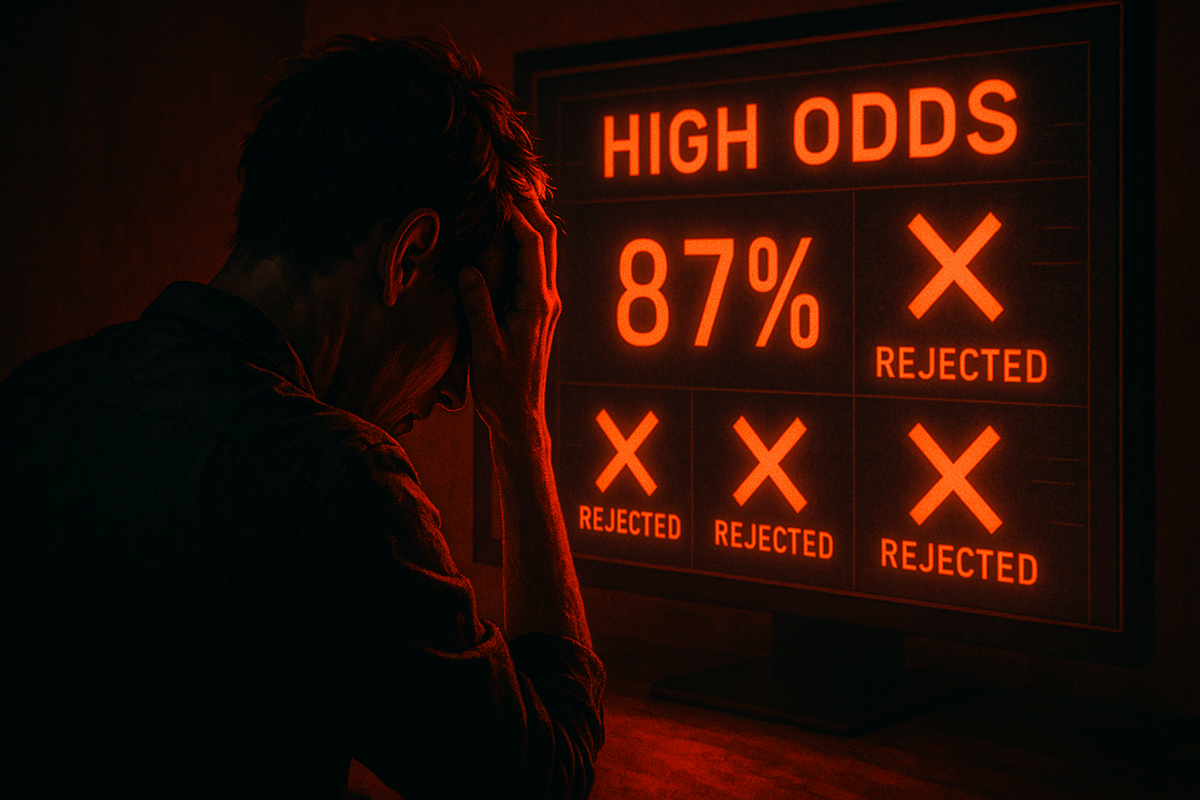 A devastated man staring at a screen displaying 87% rejection odds — the brutal reality of failing the Switch 2 lottery