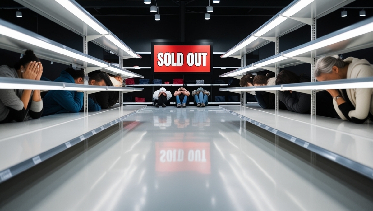 A crowd of people overwhelmed with despair in front of empty shelves marked 'SOLD OUT' — the crushing reality of missing out on a high-demand product launch.
