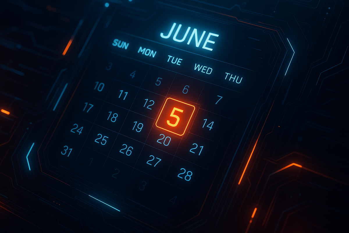 A dramatic futuristic calendar glowing with tension around June 5, 2025 — the highlighted date pulses like a moment of destiny.