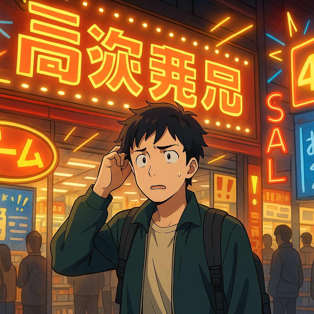 A confused young man scratching his head outside a neon-lit electronics store, clearly frustrated after not finding the product he was looking for.
