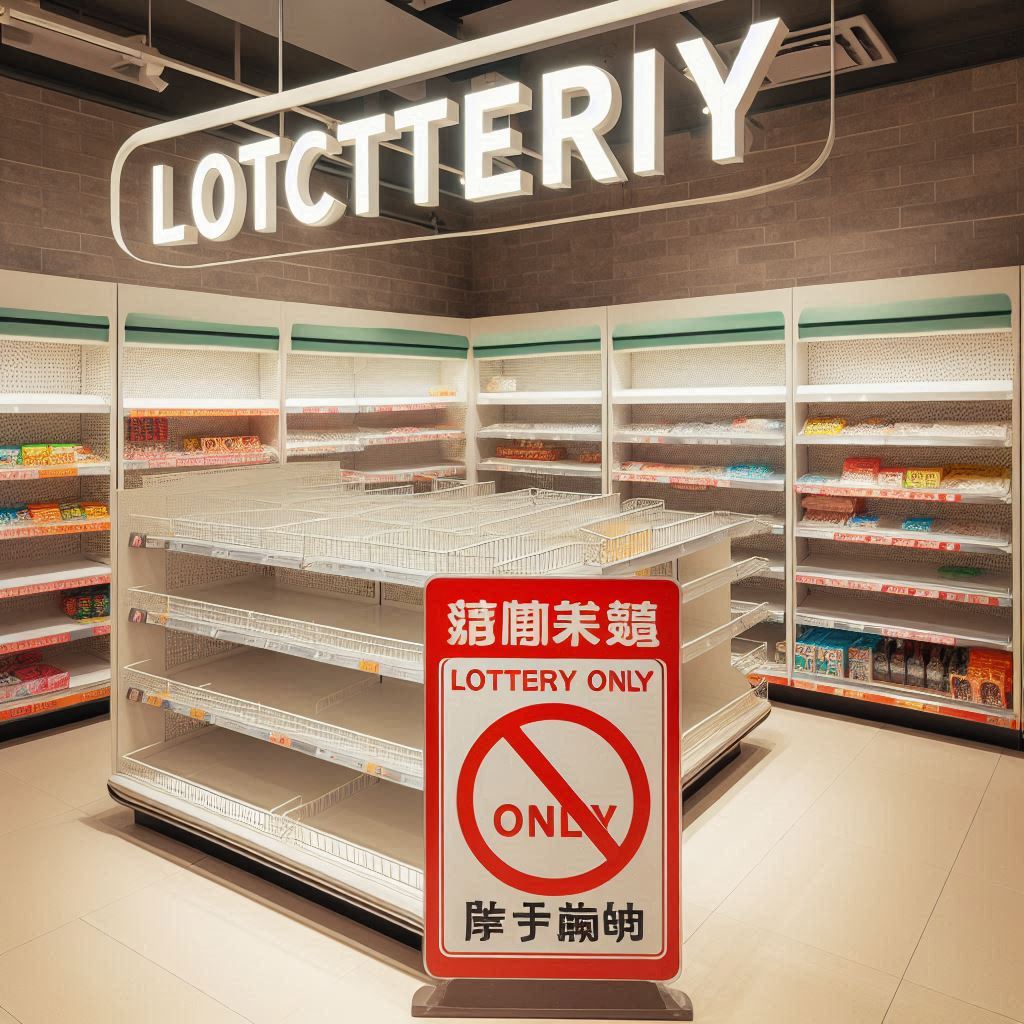 Empty product shelves under a bold 'Lottery Only' sign with a no-entry symbol, perfectly capturing the shock of being denied a walk-in purchase during a high-demand sale.