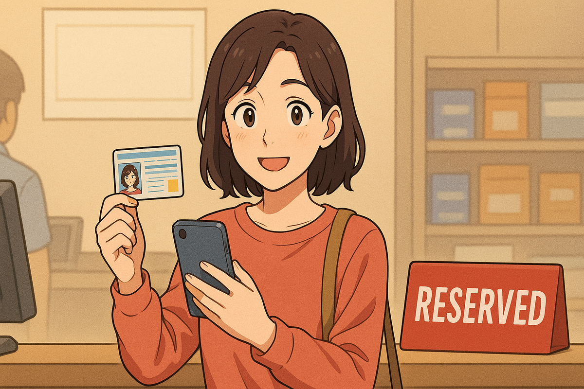 Smiling girl holding her ID and smartphone in front of a 'Reserved' counter, full of joy and relief after winning the Switch2 lottery.