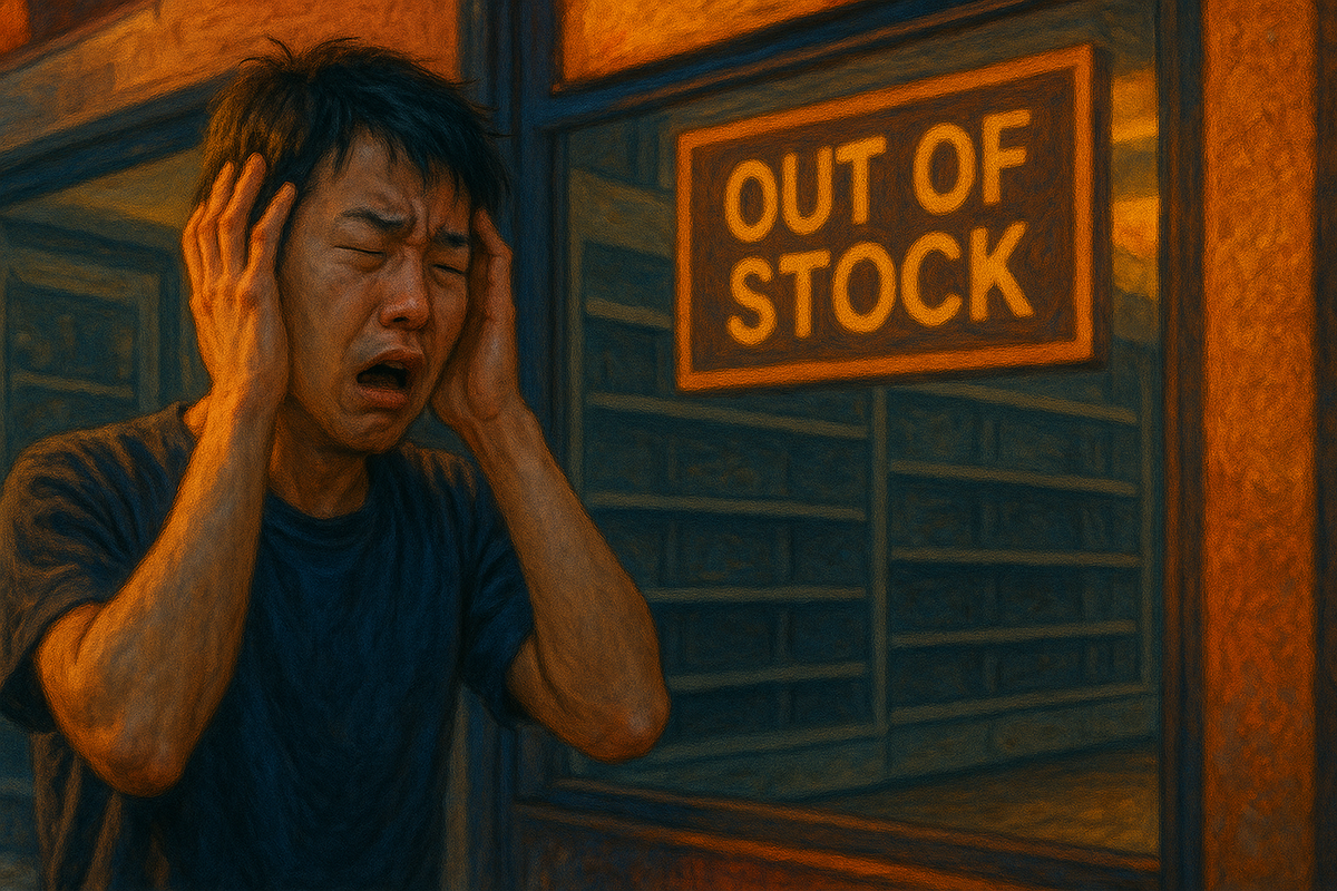 Devastated Japanese man covering his ears in front of an empty electronics store with an "Out of Stock" sign, overwhelmed by frustration and disbelief