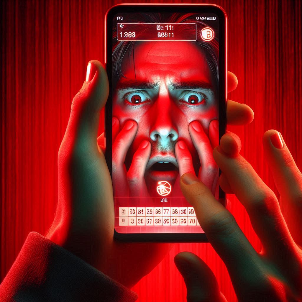 Shocked man staring at a phone screen with wide eyes and mouth open, overwhelmed by losing a high-stakes lottery