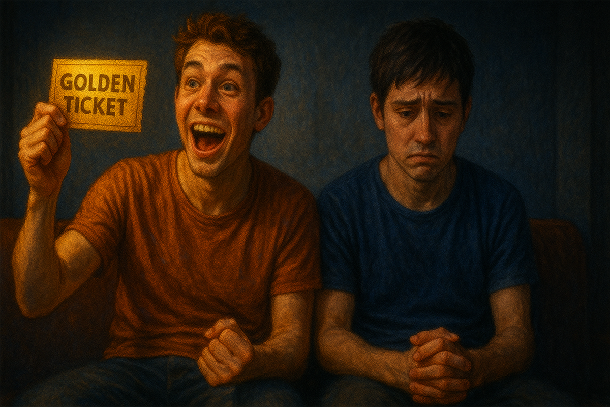 Two men sitting side by side, one ecstatic holding a golden ticket while the other looks devastated and disappointed — a vivid contrast of winning and losing in a lottery.