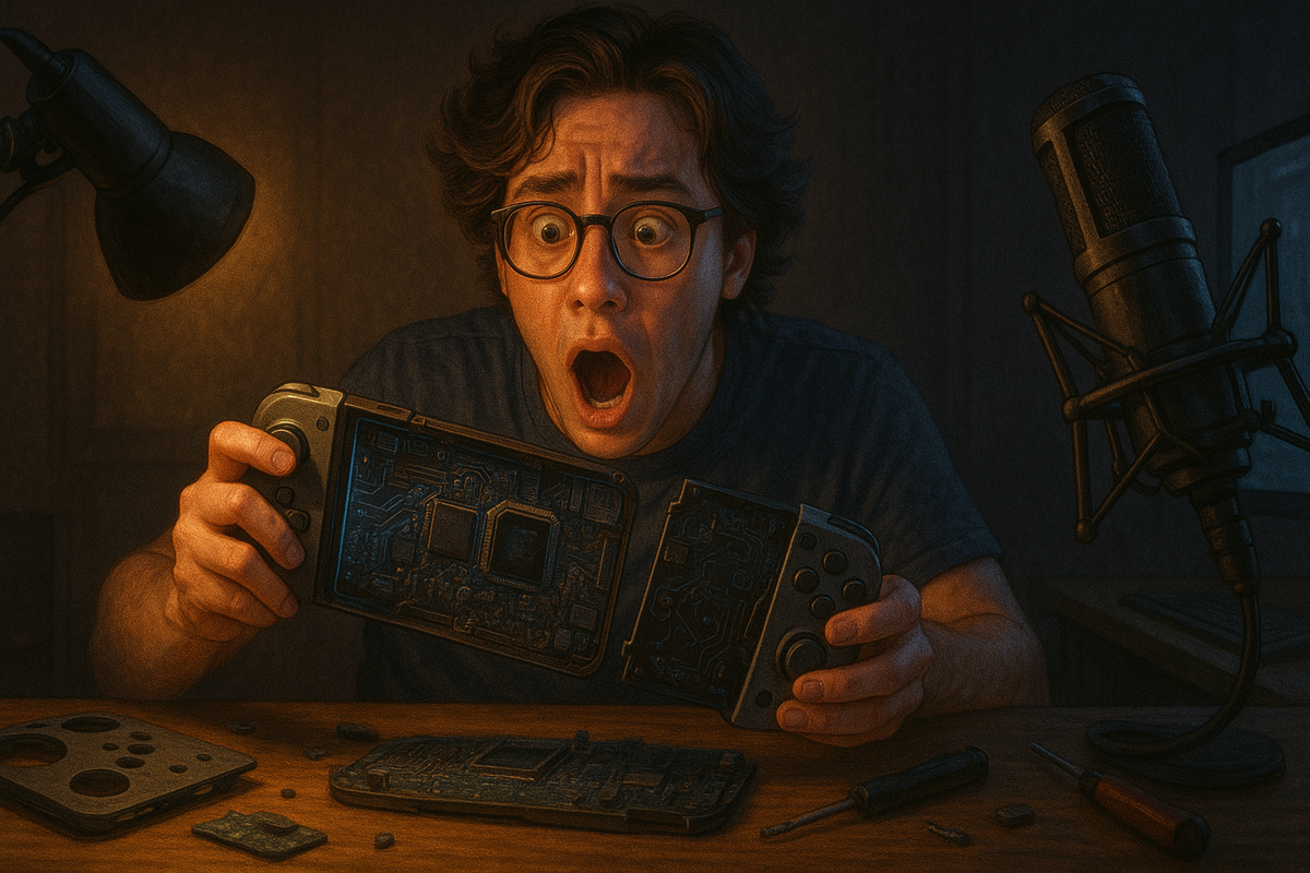 Shocked man holding a disassembled handheld gaming console, revealing powerful internal chips and circuits, intense emotion and surprise on face
