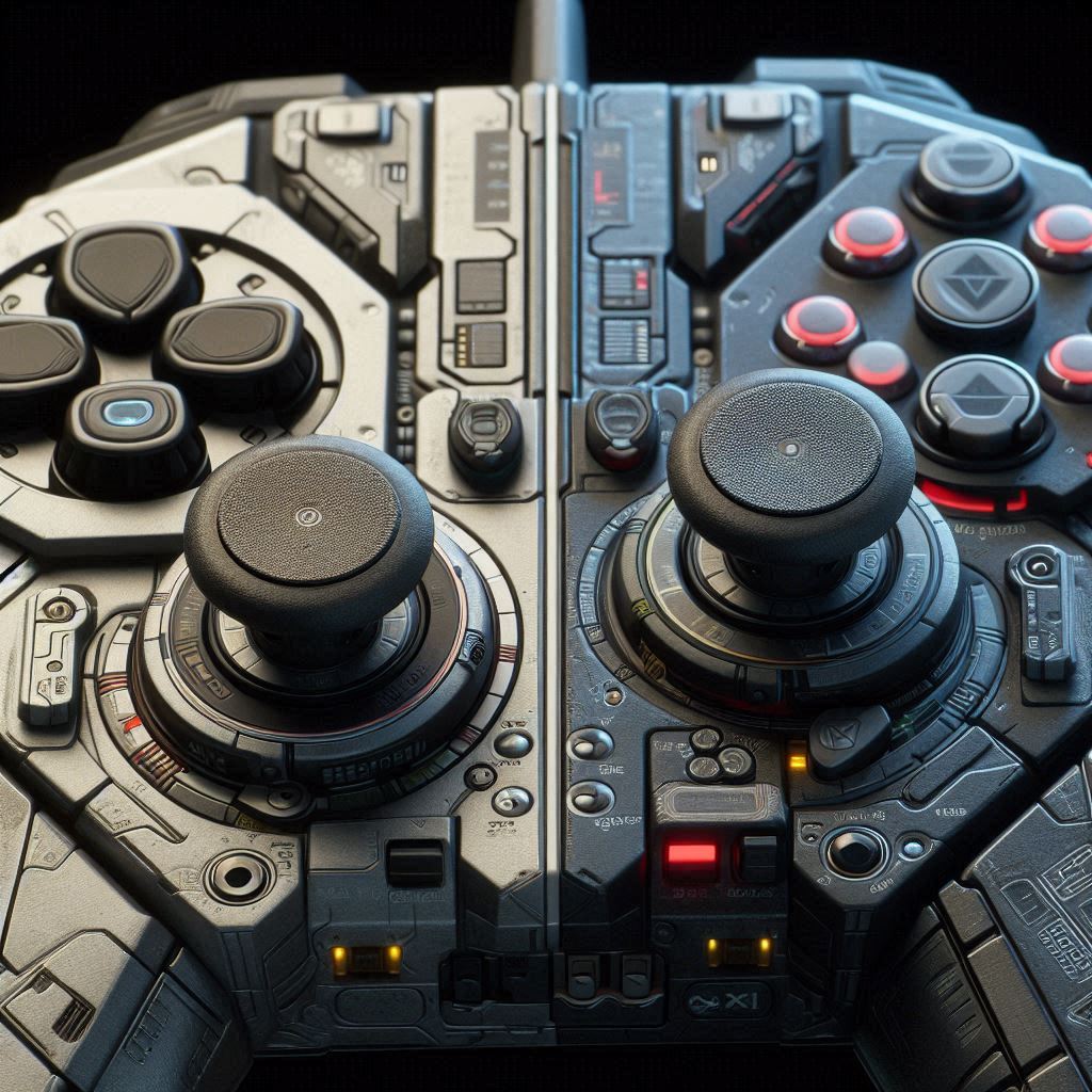 Extreme close-up of a futuristic dual analog game controller, highly detailed with exposed mechanical components and LED lights, evoking surprise and awe