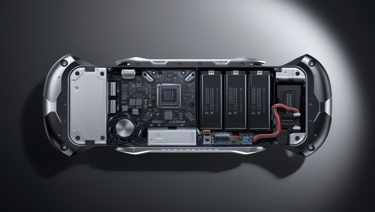 Close-up of an ultra-modern handheld gaming console's internal hardware, with a central high-performance chip and intricate circuit design—jaw-dropping layout for any tech enthusiast