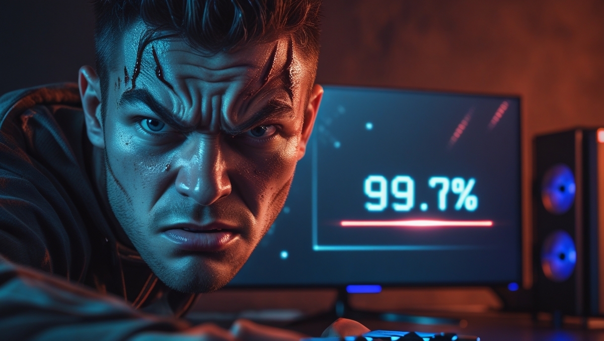 Furious gamer staring intensely at a stalled data transfer stuck at 99.7%, overwhelmed by frustration and disbelief