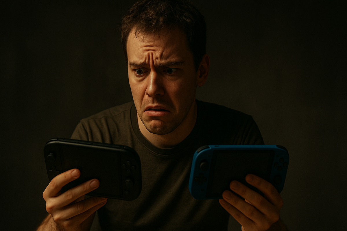 Confused gamer holding two similar handheld consoles, struggling to figure out which one has the right saved data
