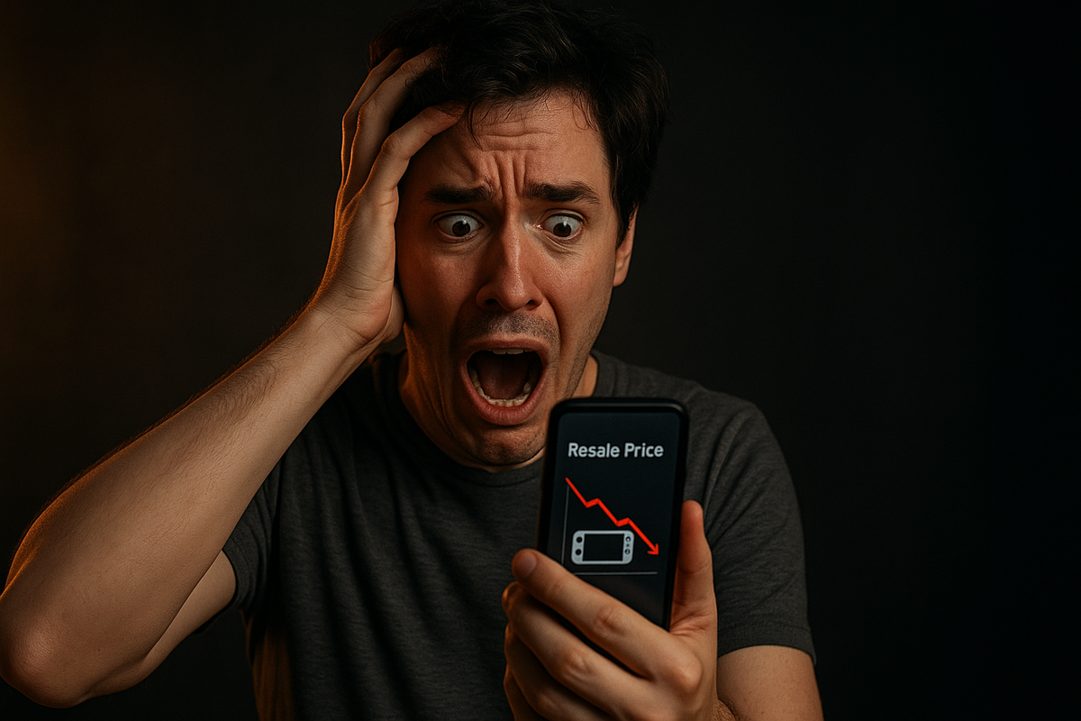 Shocked man staring at collapsing resale price of a gaming console on smartphone, overwhelmed with panic and regret