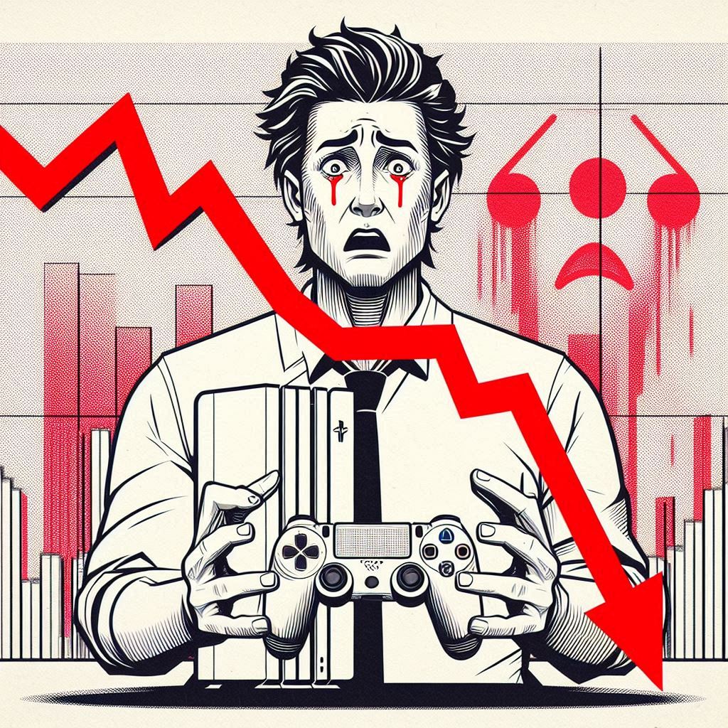 Crying man holding a game console, devastated by plummeting resale prices — red arrow crashing down