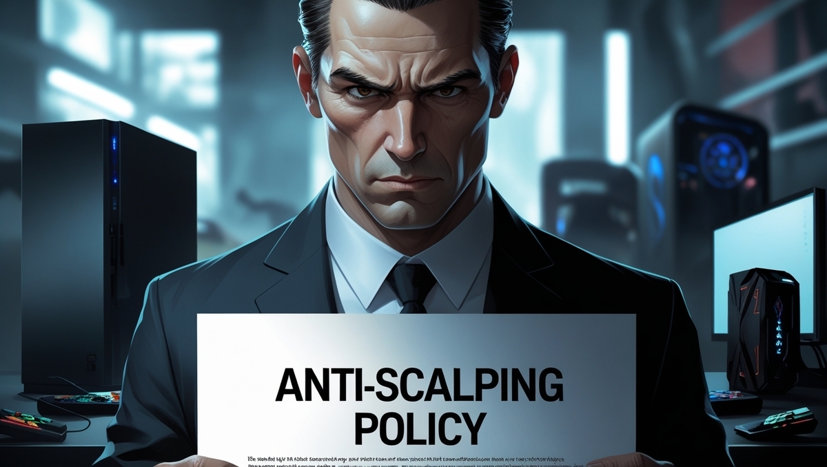 A stern businessman holding an 'Anti-Scalping Policy' sign, with a furious expression amid a futuristic gaming device backdrop – symbolizing strict enforcement and frustration with scalpers.