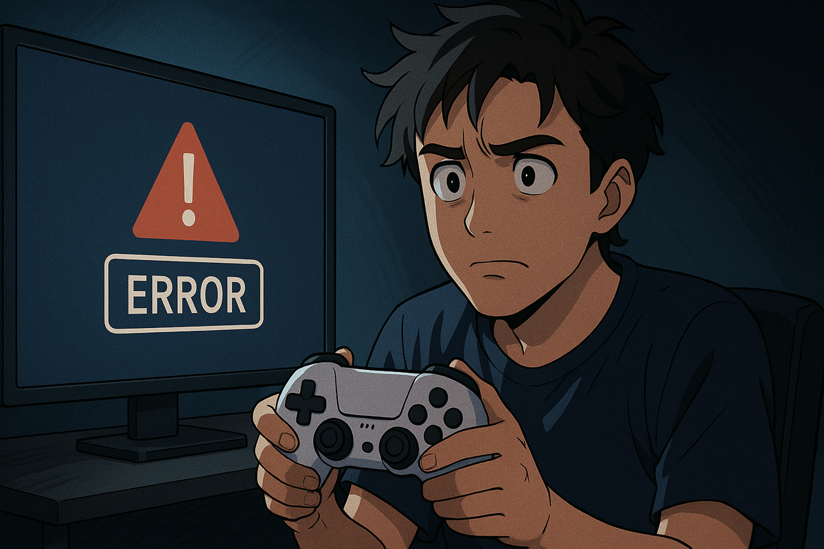 Frustrated gamer staring at an error screen with a game controller in hand, confused and concerned expression