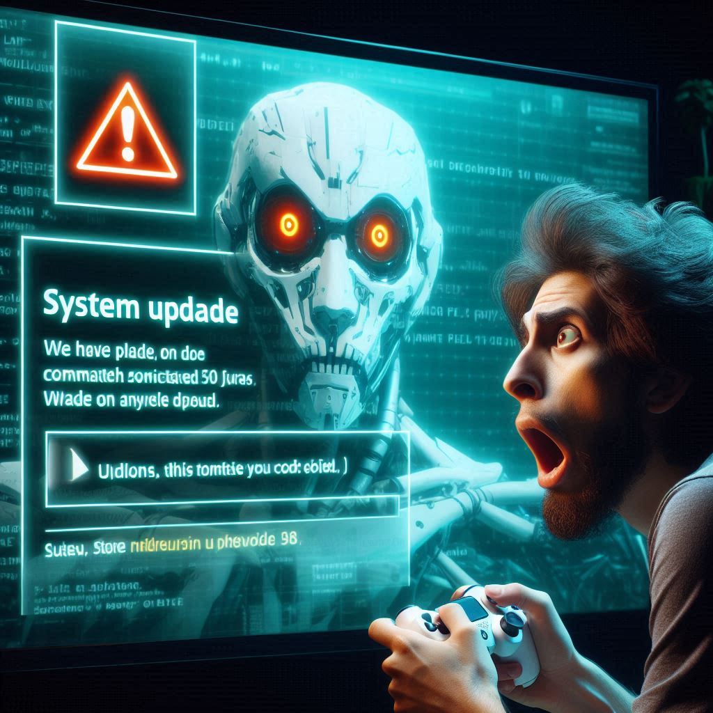 Shocked gamer staring at a system update screen with a glowing-eyed cyborg and critical error warning