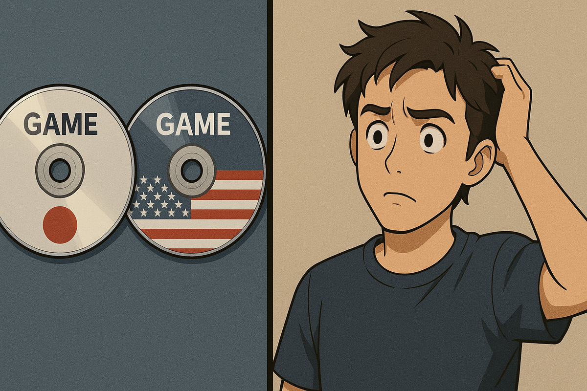 Confused gamer scratching his head while looking at two game discs from Japan and the US, unsure about region compatibility
