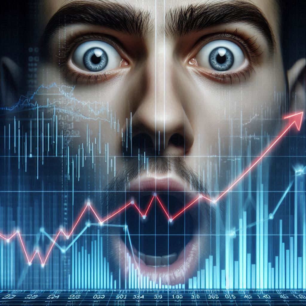 Shocked man staring at skyrocketing chart, overwhelmed by unexpected price surge and market chaos