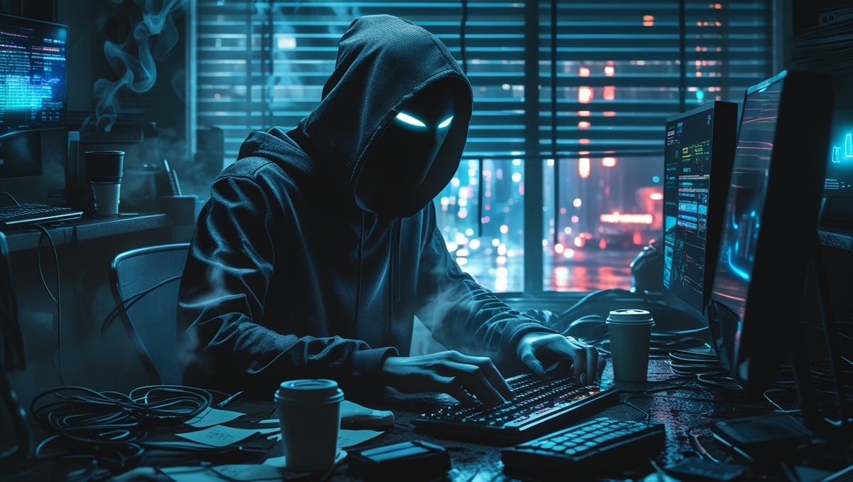 Dark hooded figure in a cyberpunk room flooded with screens, suspiciously typing as blue light glows from their masked face — evokes the shadowy world of scalpers and black market traders.