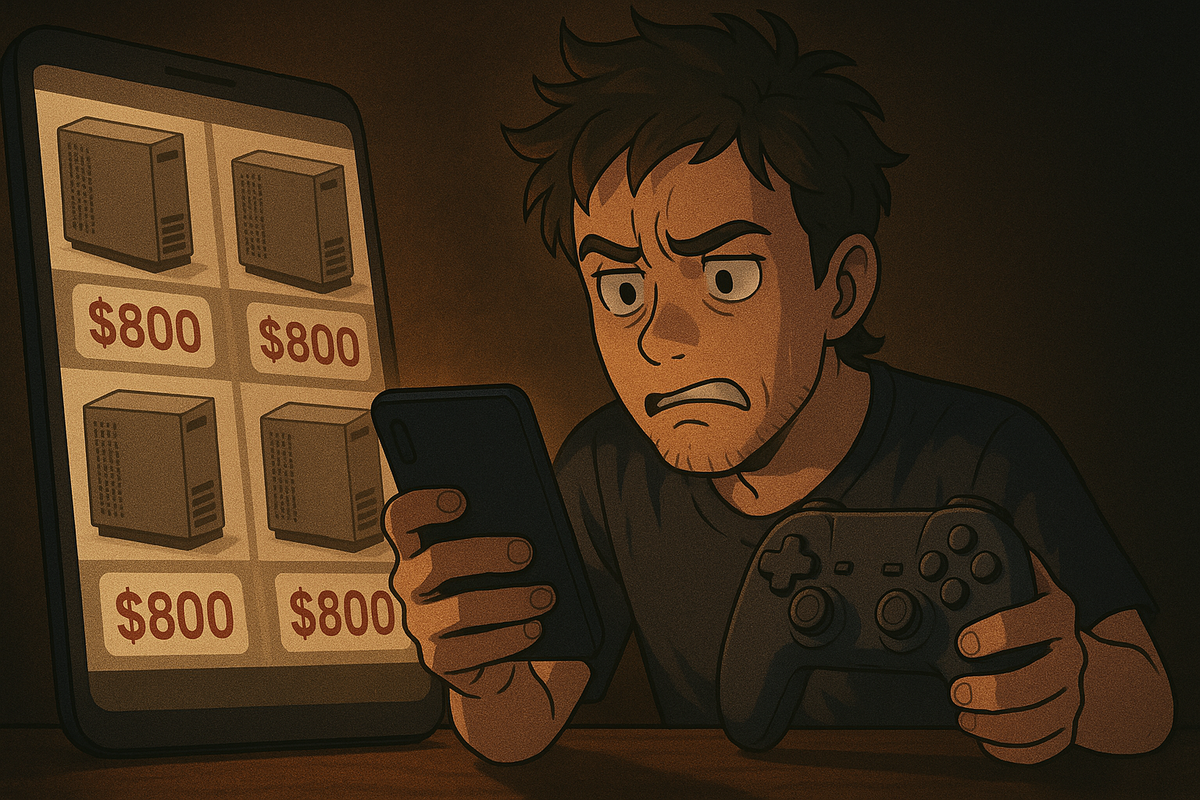 Shocked gamer reacting to insanely overpriced gaming consoles on resale marketplace, overwhelmed by scalpers' listings