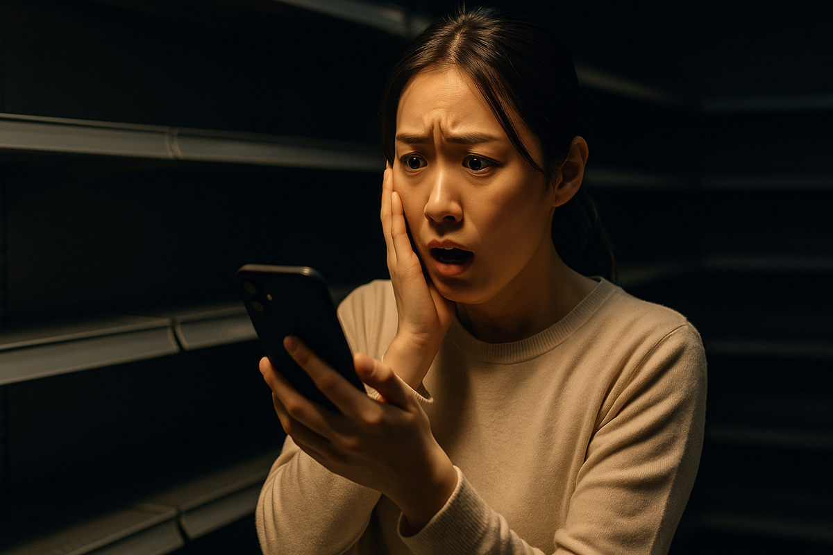 Shocked young woman finds out on her phone that the sold-out game controller is suddenly back in stock at her local store