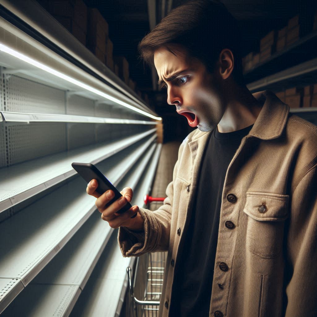 A young man in a store staring at his phone in shock after discovering a high-demand product might be back in stock, surrounded by empty shelves