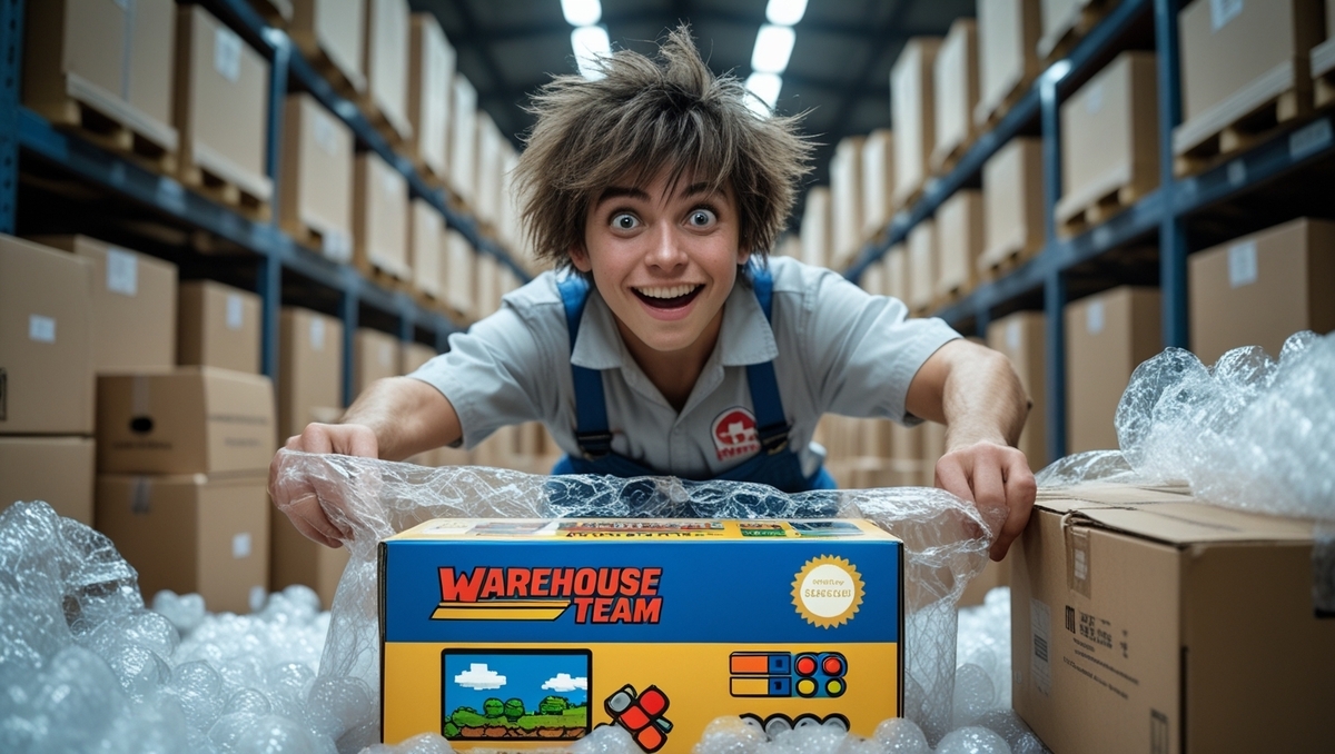 Overjoyed warehouse worker discovers a long-awaited gaming console hidden among boxes, expressing pure excitement and disbelief