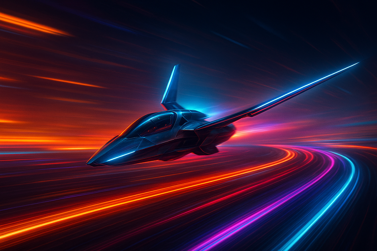 A futuristic glider racing through a neon-lit curved track at breakneck speed – the thrill of precision and victory in the air.