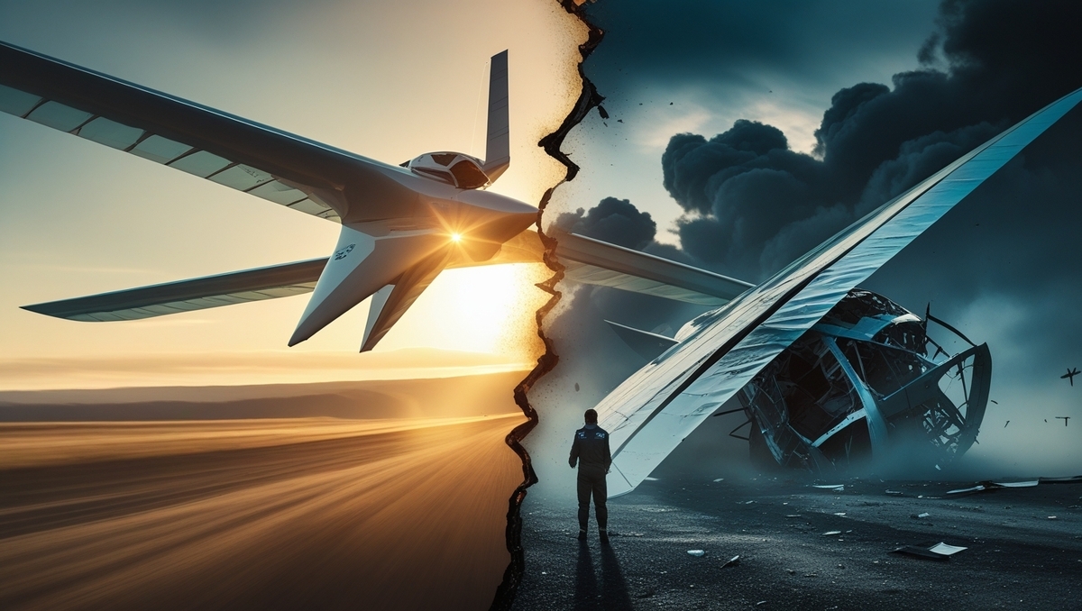 Alt text: "A high-performance glider soaring at sunrise on the left, contrasted with a wrecked aircraft under stormy skies on the right — the fine line between triumph and catastrophe.