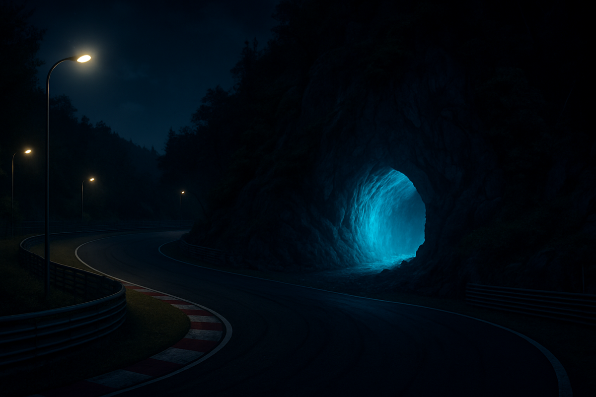 A mysterious glowing blue tunnel opens at the curve of a dark racing track, evoking the thrill of discovering a hidden shortcut and the fear of the unknown.
