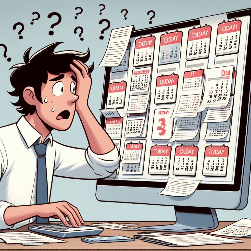 A frustrated man overwhelmed by a cluttered calendar on his computer screen, sweating and holding his head in confusion
