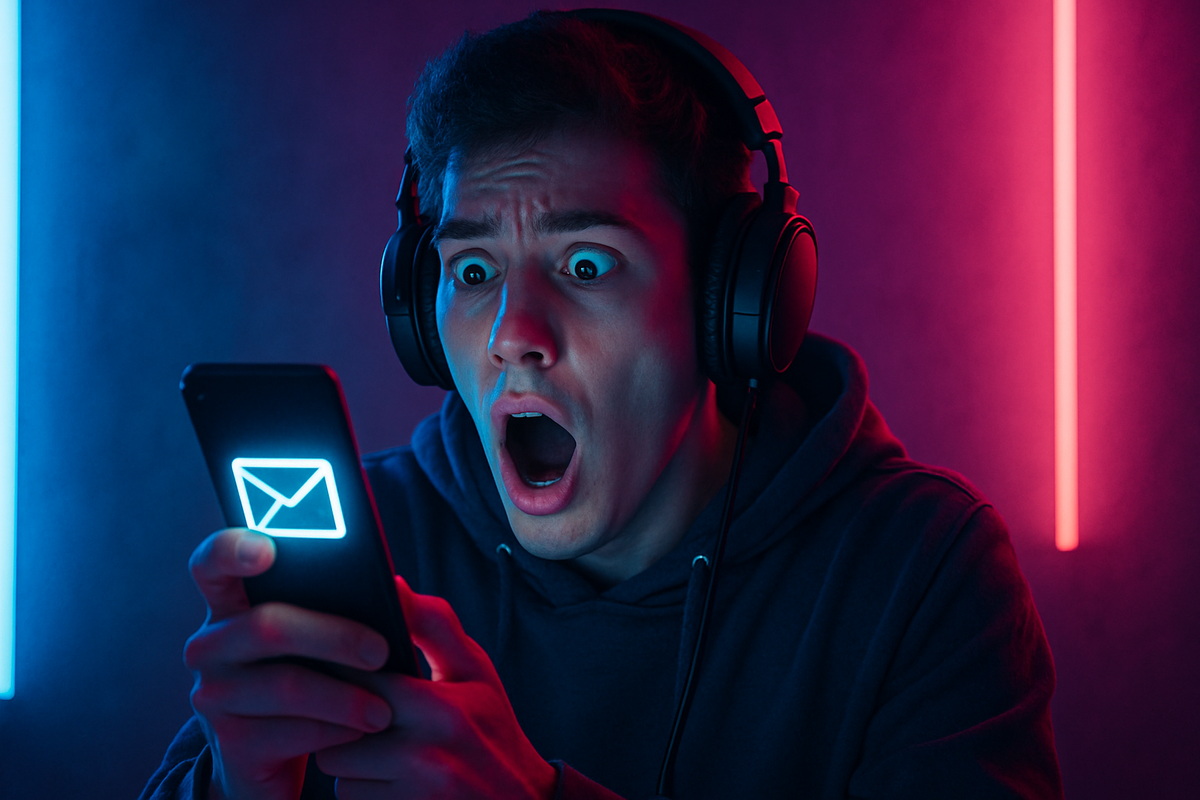 Shocked young man with headphones staring at glowing email icon on smartphone, eyes wide open in disbelief